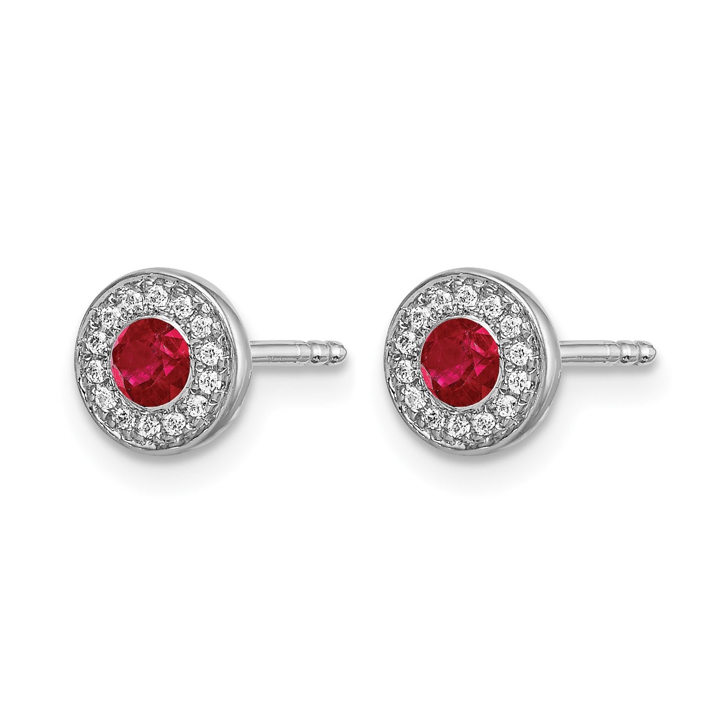 14k White Gold 2.8mm Round Ruby and Diamond Halo Post Earrings