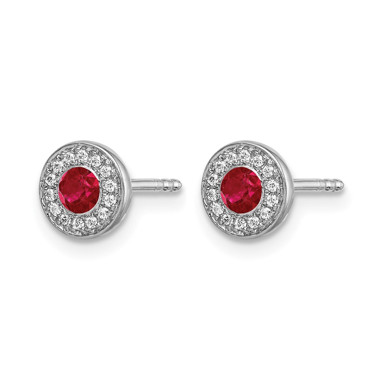 14k White Gold 2.8mm Round Ruby and Diamond Halo Post Earrings