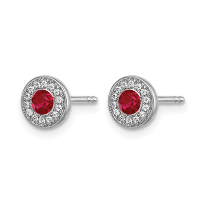 14k White Gold 2.8mm Round Ruby and Diamond Halo Post Earrings