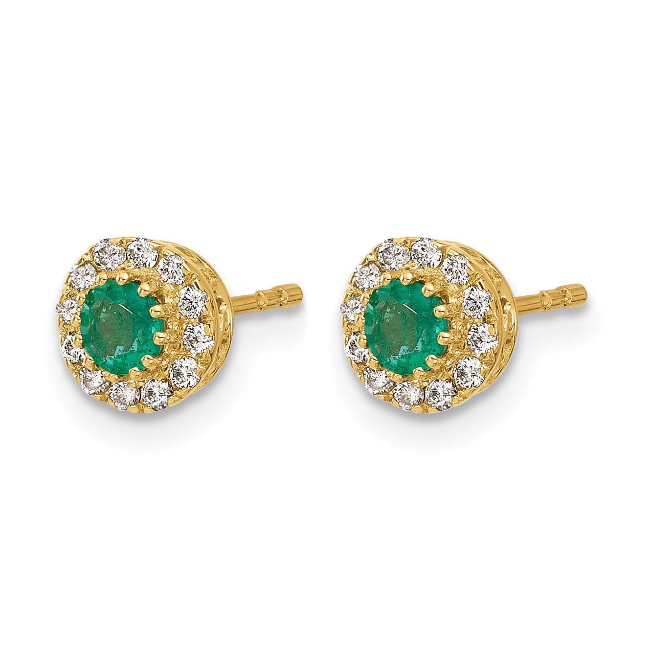 14k White Gold 3.5mm Round Blue Emerald and Diamond Halo Post Earrings