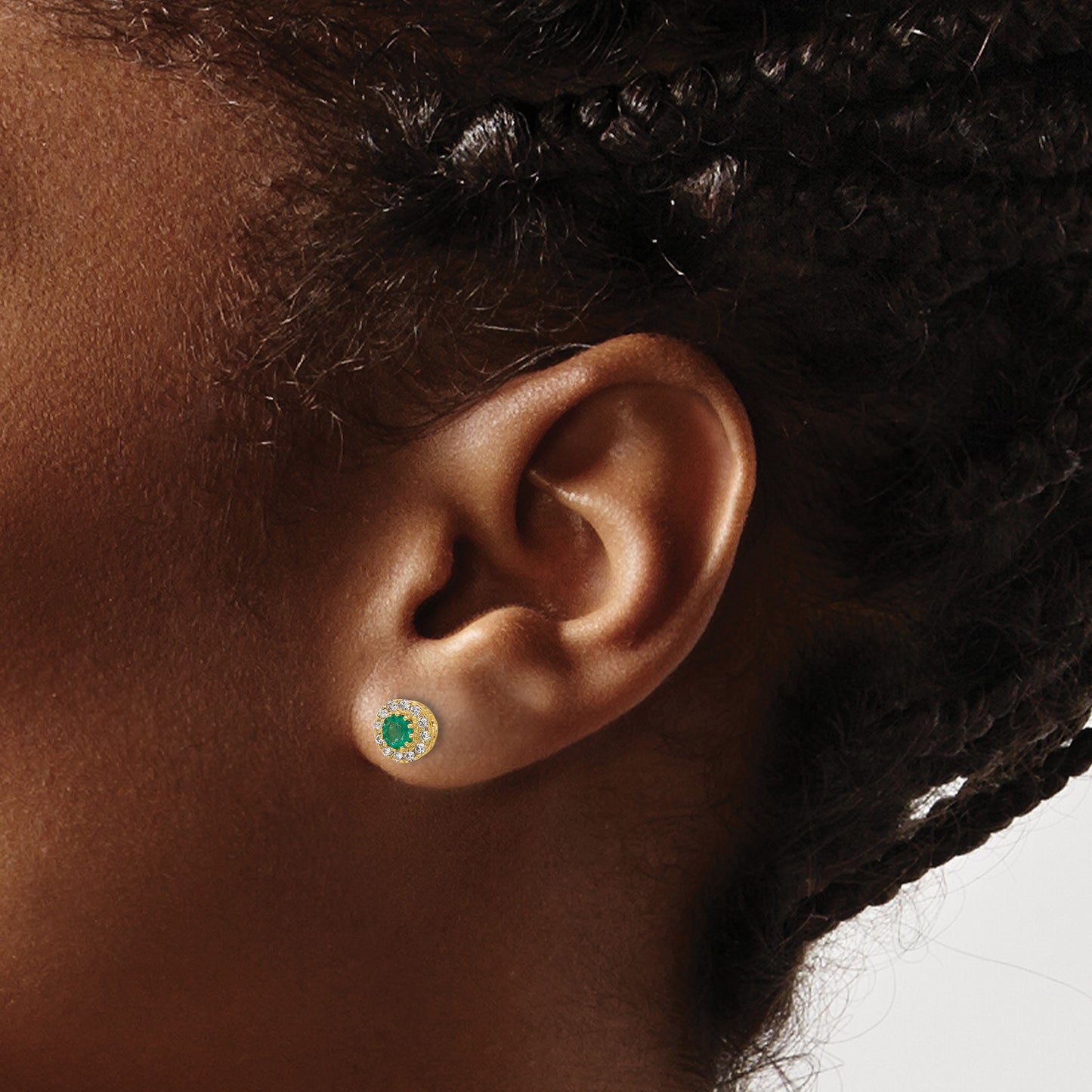 14k White Gold 3.5mm Round Blue Emerald and Diamond Halo Post Earrings