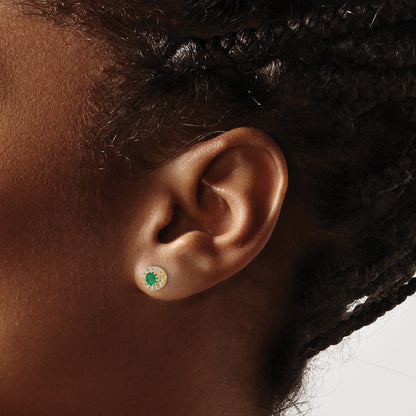 14k White Gold 3.5mm Round Blue Emerald and Diamond Halo Post Earrings