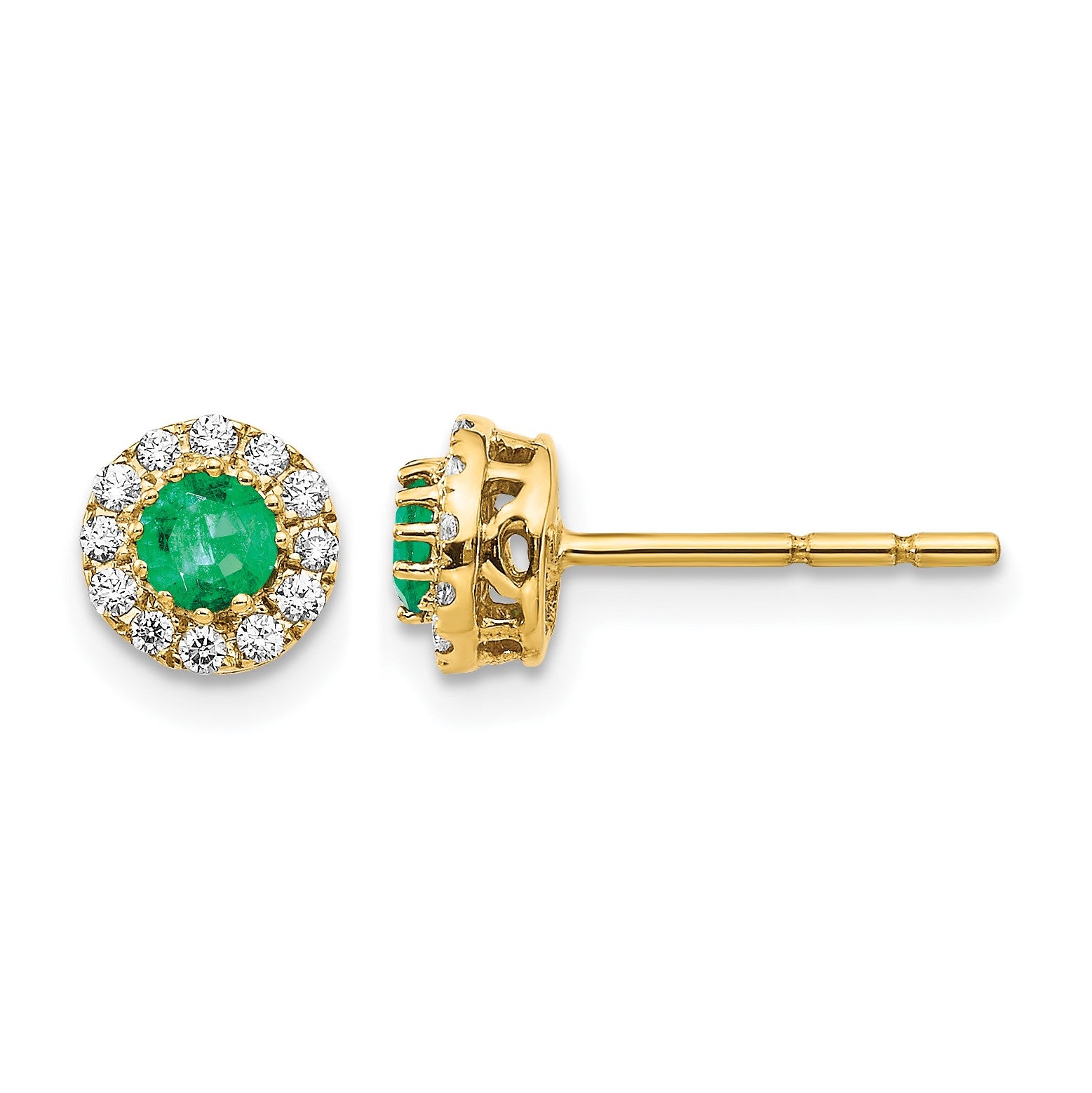 14k White Gold 3.5mm Round Blue Emerald and Diamond Halo Post Earrings