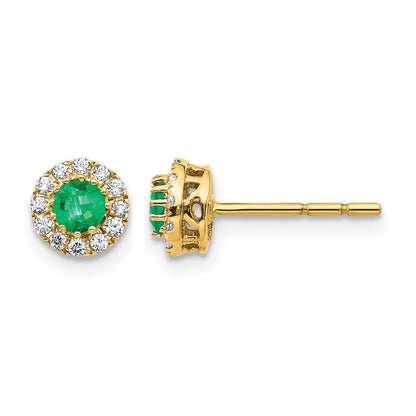 14k White Gold 3.5mm Round Blue Emerald and Diamond Halo Post Earrings