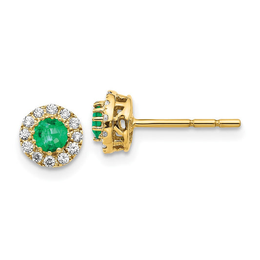 14k Gold Diamond and Emerald Halo Post Earrings