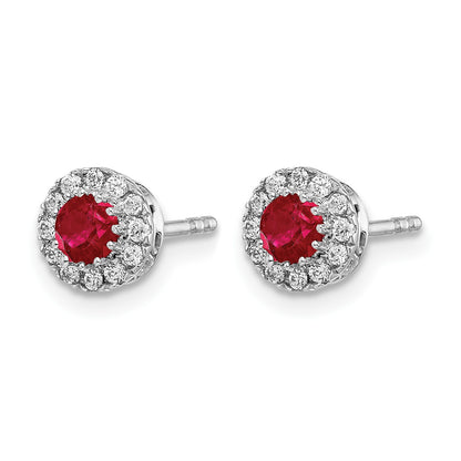 14k White Gold 3.5mm Round Blue Ruby and Diamond Halo Post Earrings