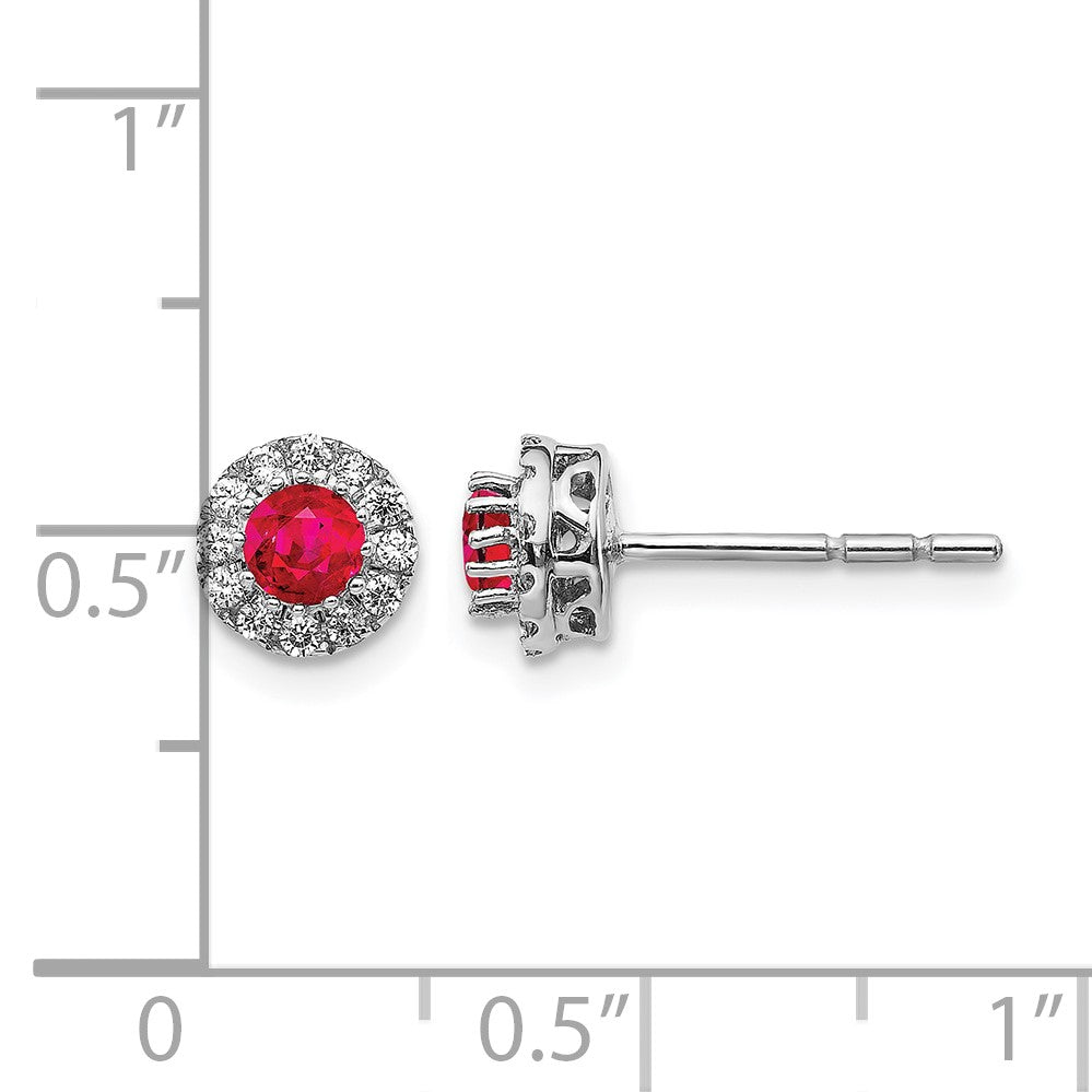 14k White Gold 3.5mm Round Blue Ruby and Diamond Halo Post Earrings