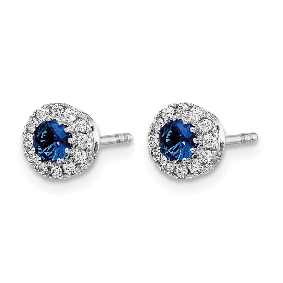 14k White Gold 3.5mm Round Blue Sapphire and Diamond Halo Post Earrings