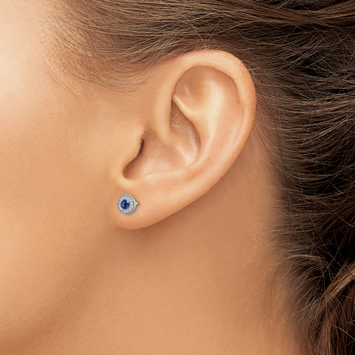 14k White Gold 3.5mm Round Blue Sapphire and Diamond Halo Post Earrings
