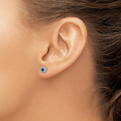 14k White Gold 3.5mm Round Blue Sapphire and Diamond Halo Post Earrings