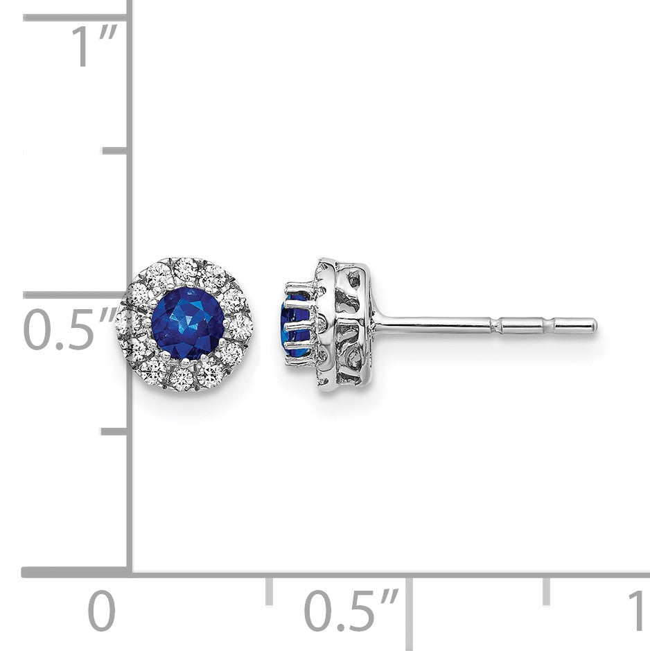 14k White Gold 3.5mm Round Blue Sapphire and Diamond Halo Post Earrings