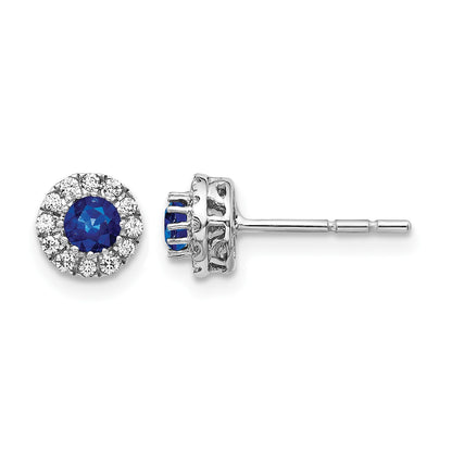 14k White Gold 3.5mm Round Blue Sapphire and Diamond Halo Post Earrings