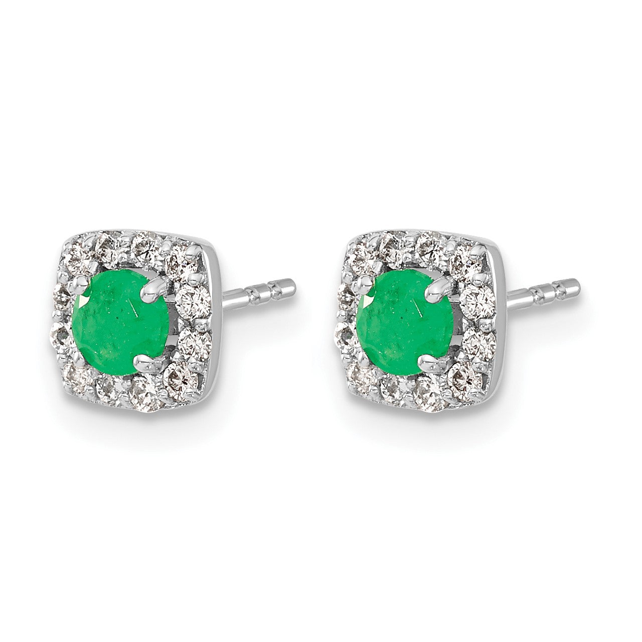 14k White Gold 3.7mm Round Emerald and Diamond Square Halo Post Earrings