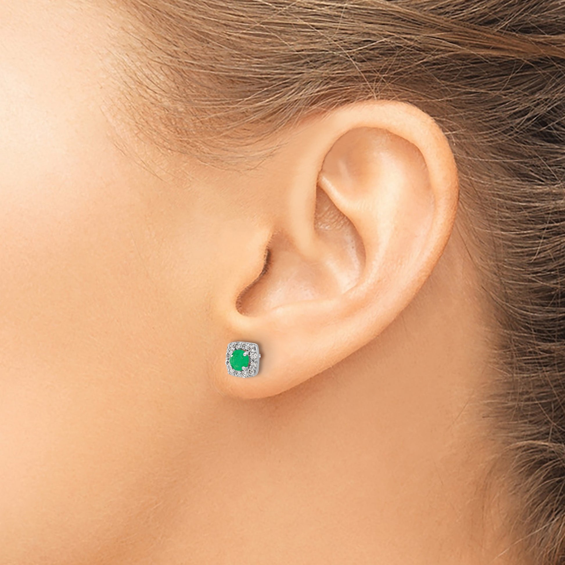 14k White Gold 3.7mm Round Emerald and Diamond Square Halo Post Earrings
