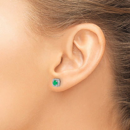 14k White Gold 3.7mm Round Emerald and Diamond Square Halo Post Earrings