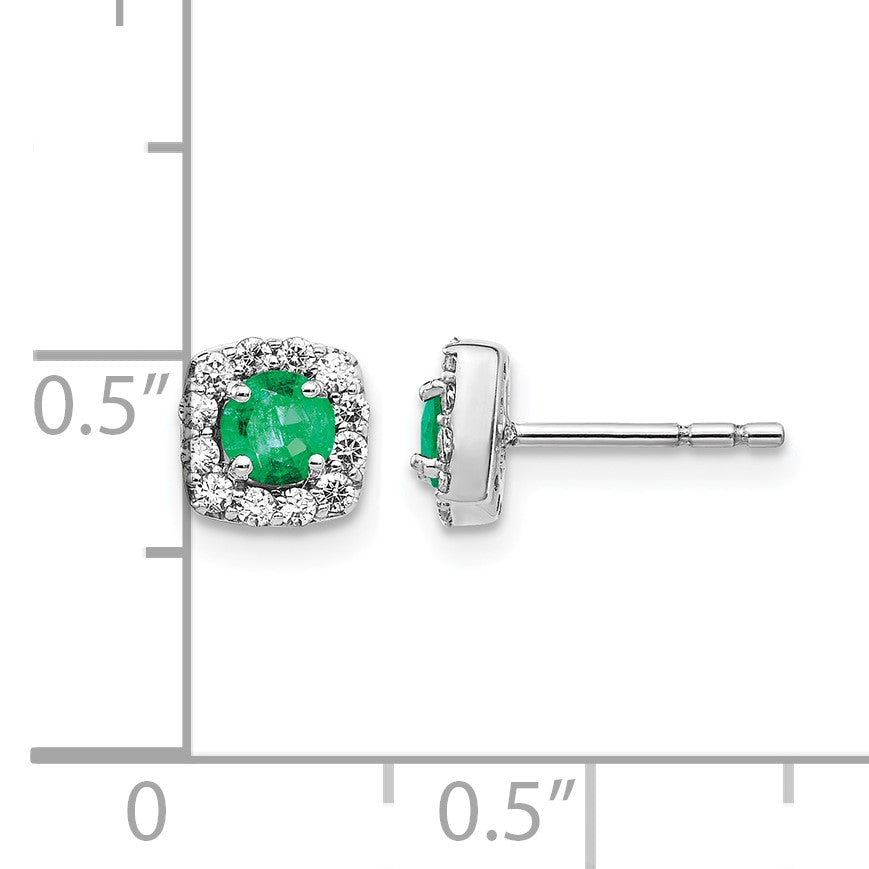 14k White Gold 3.7mm Round Emerald and Diamond Square Halo Post Earrings