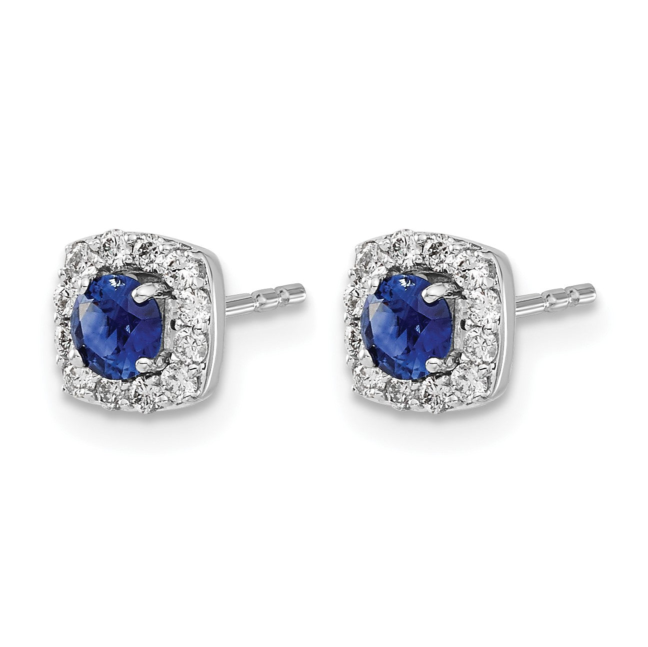 14k White Gold 3.7mm Round Sapphire and Diamond Square Halo Post Earrings