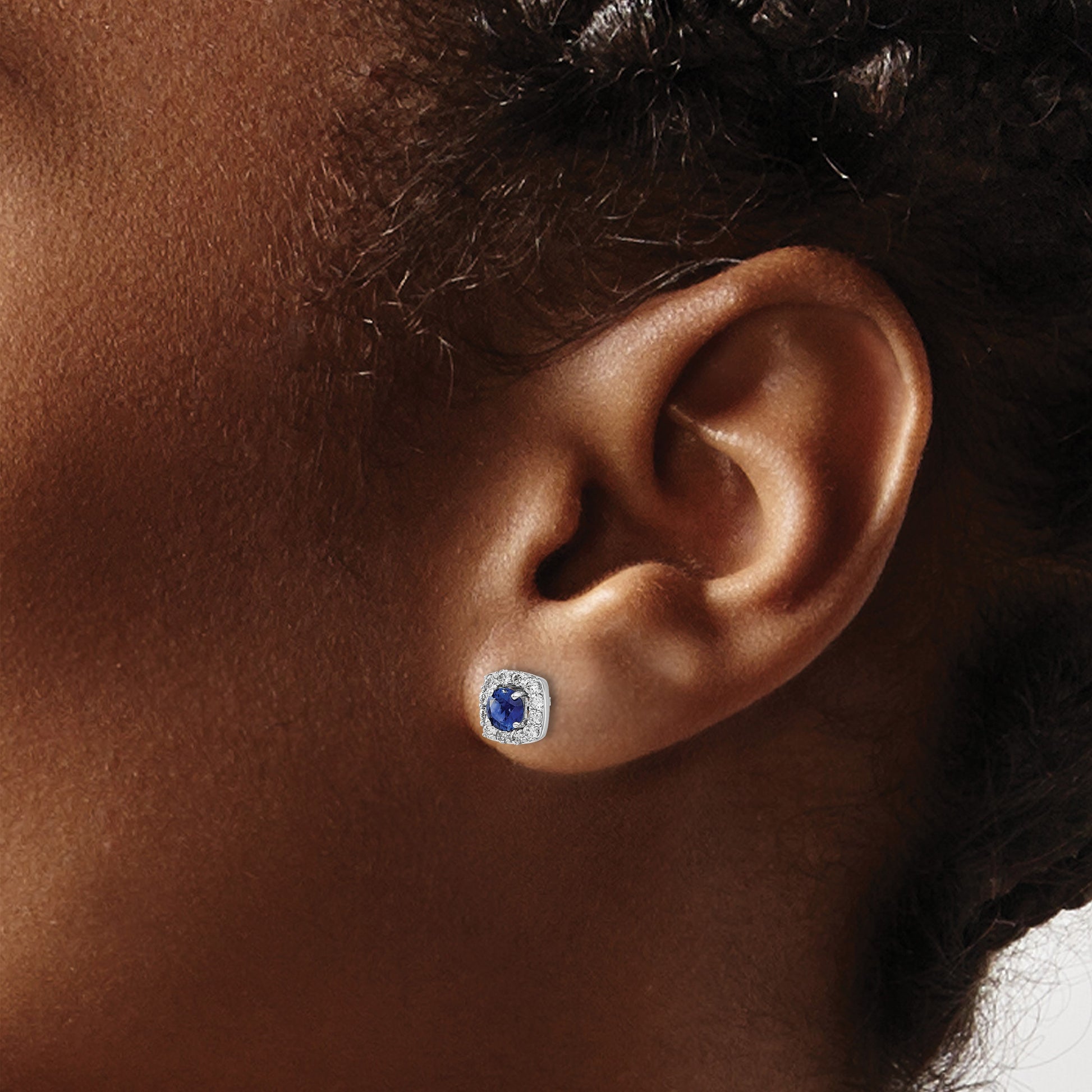 14k White Gold 3.7mm Round Sapphire and Diamond Square Halo Post Earrings