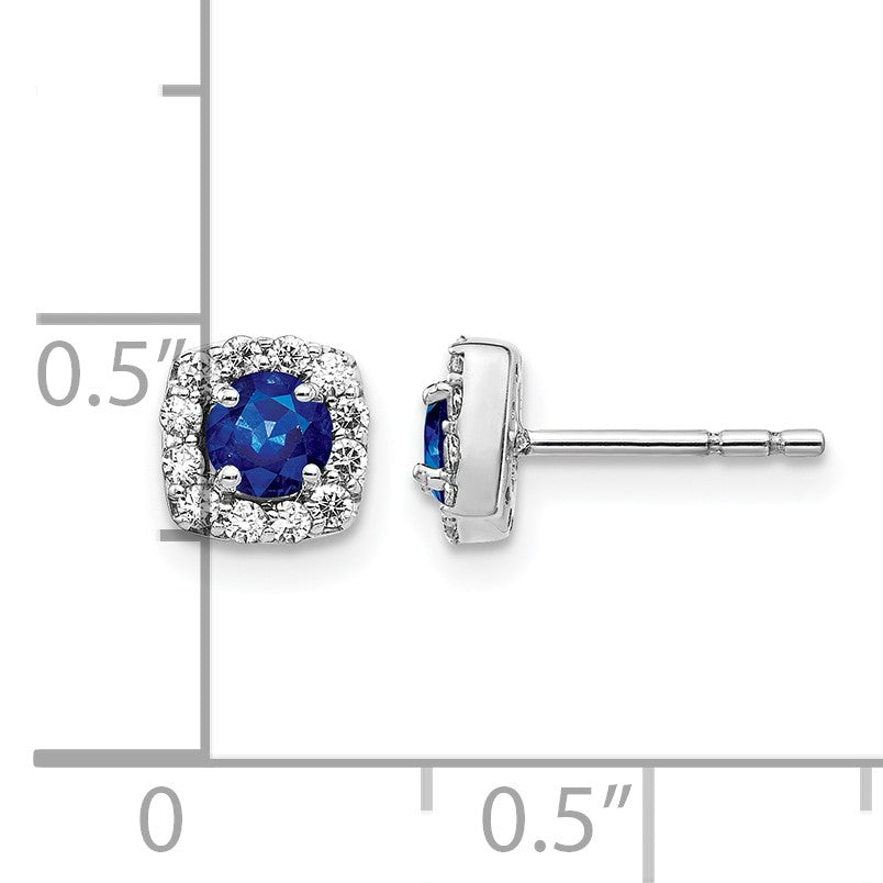 14k White Gold 3.7mm Round Sapphire and Diamond Square Halo Post Earrings