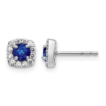 14k White Gold 3.7mm Round Sapphire and Diamond Square Halo Post Earrings