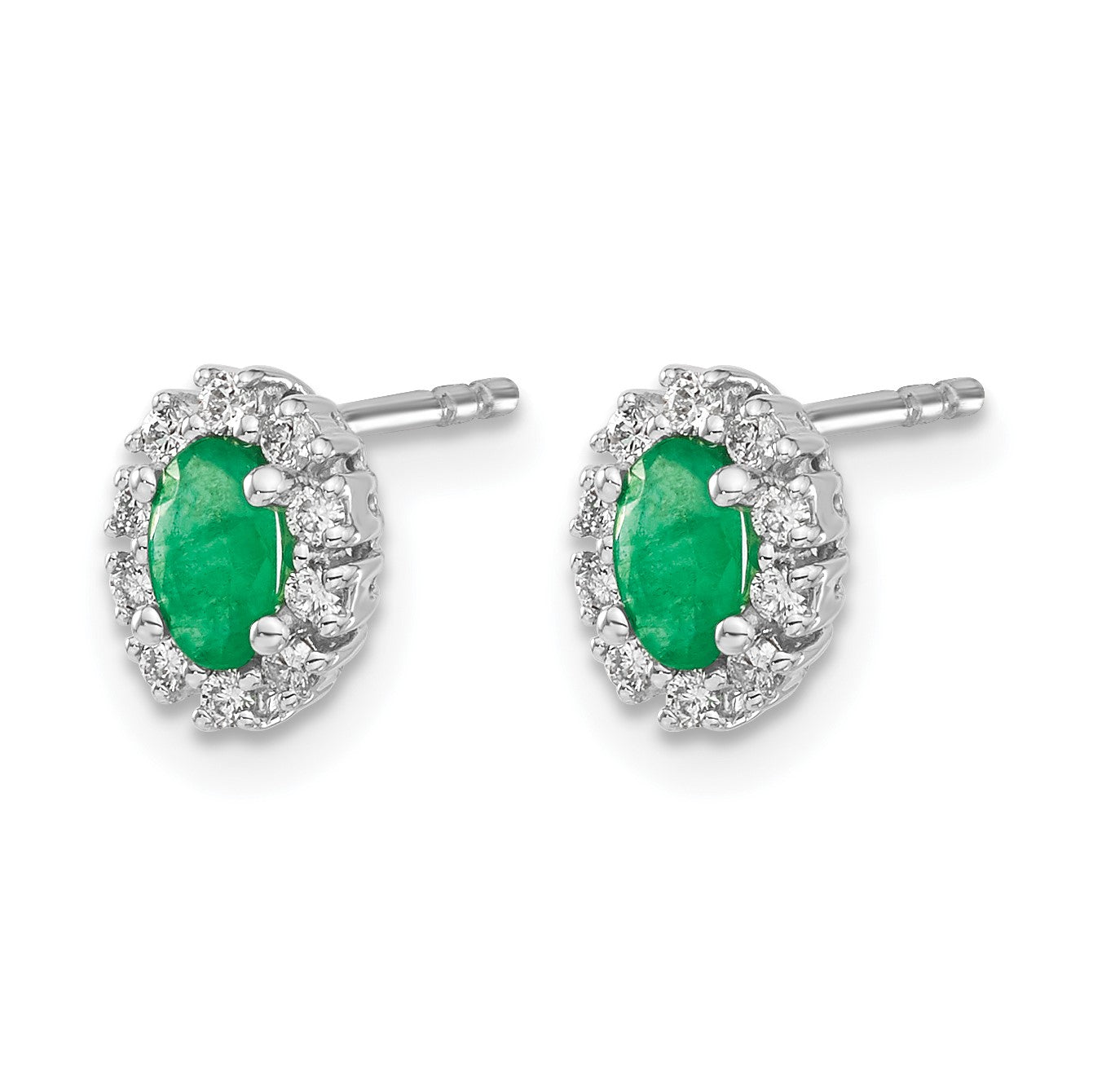 14k White Gold 5x3mm Oval Emerald and Diamond Halo Post Earrings