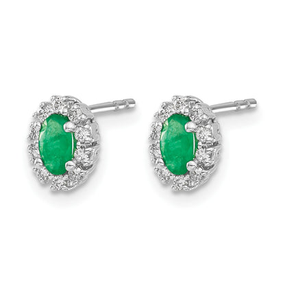 14k White Gold 5x3mm Oval Emerald and Diamond Halo Post Earrings