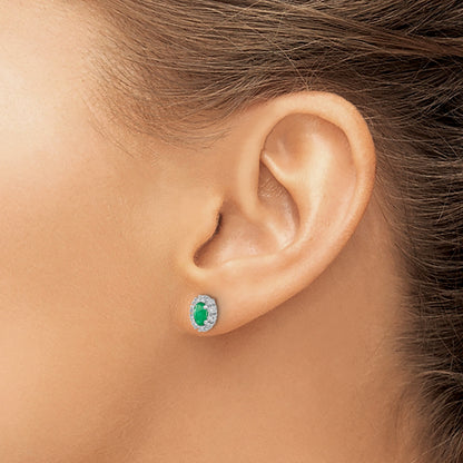 14k White Gold 5x3mm Oval Emerald and Diamond Halo Post Earrings