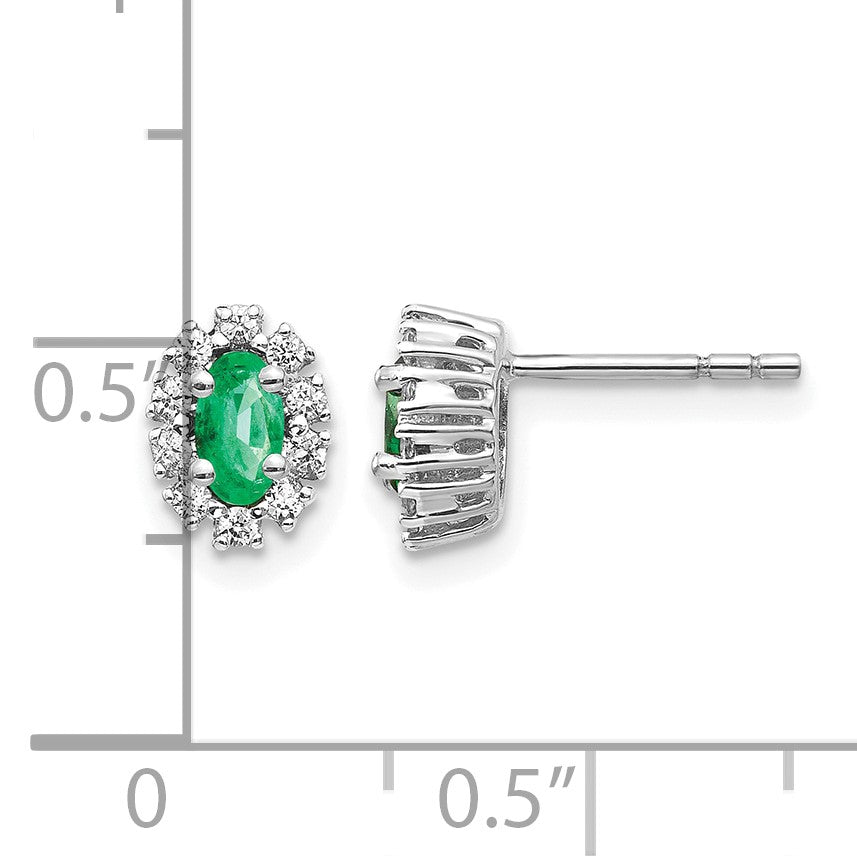 14k White Gold 5x3mm Oval Emerald and Diamond Halo Post Earrings