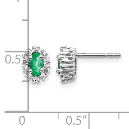 14k White Gold 5x3mm Oval Emerald and Diamond Halo Post Earrings