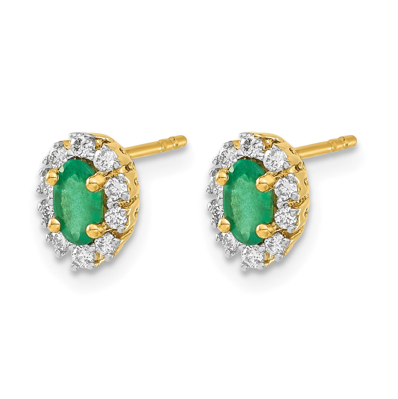 14k 5x3mm Oval Emerald and Diamond Halo Post Earrings