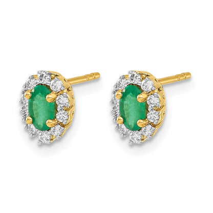 14k 5x3mm Oval Emerald and Diamond Halo Post Earrings