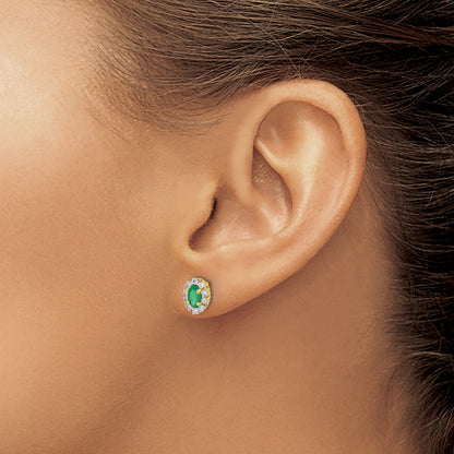 14k 5x3mm Oval Emerald and Diamond Halo Post Earrings