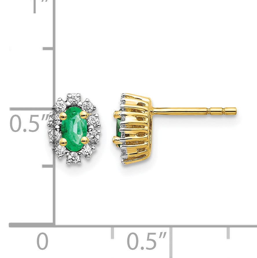 14k 5x3mm Oval Emerald and Diamond Halo Post Earrings