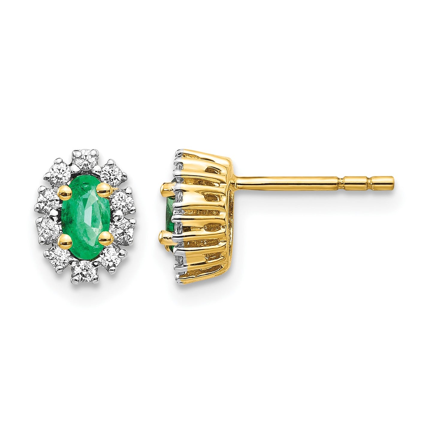 14k 5x3mm Oval Emerald and Diamond Halo Post Earrings