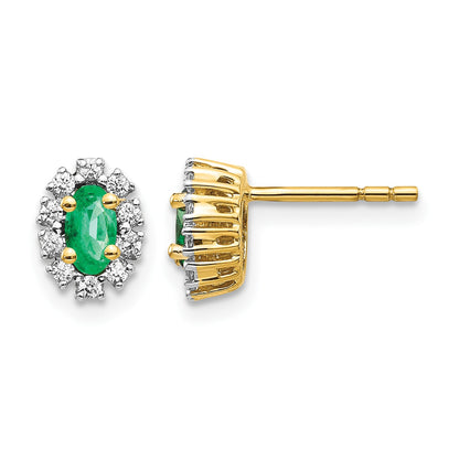 14k 5x3mm Oval Emerald and Diamond Halo Post Earrings