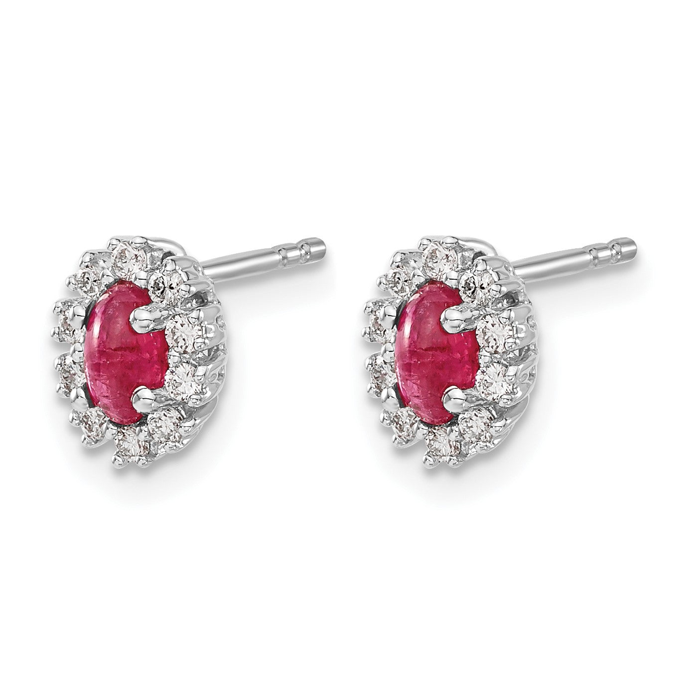 14k White Gold 5x3mm Oval Ruby and Diamond Halo Post Earrings