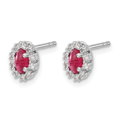14k White Gold 5x3mm Oval Ruby and Diamond Halo Post Earrings