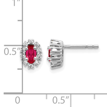 14k White Gold 5x3mm Oval Ruby and Diamond Halo Post Earrings