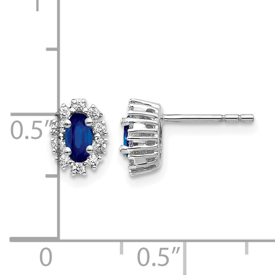 14k White Gold 5x3mm Oval Sapphire and Diamond Halo Post Earrings