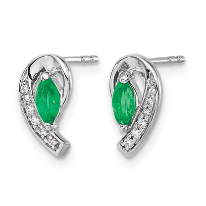 14k White Gold 5x2.5mm Marquise Emerald and Diamond Curved Post Earrings
