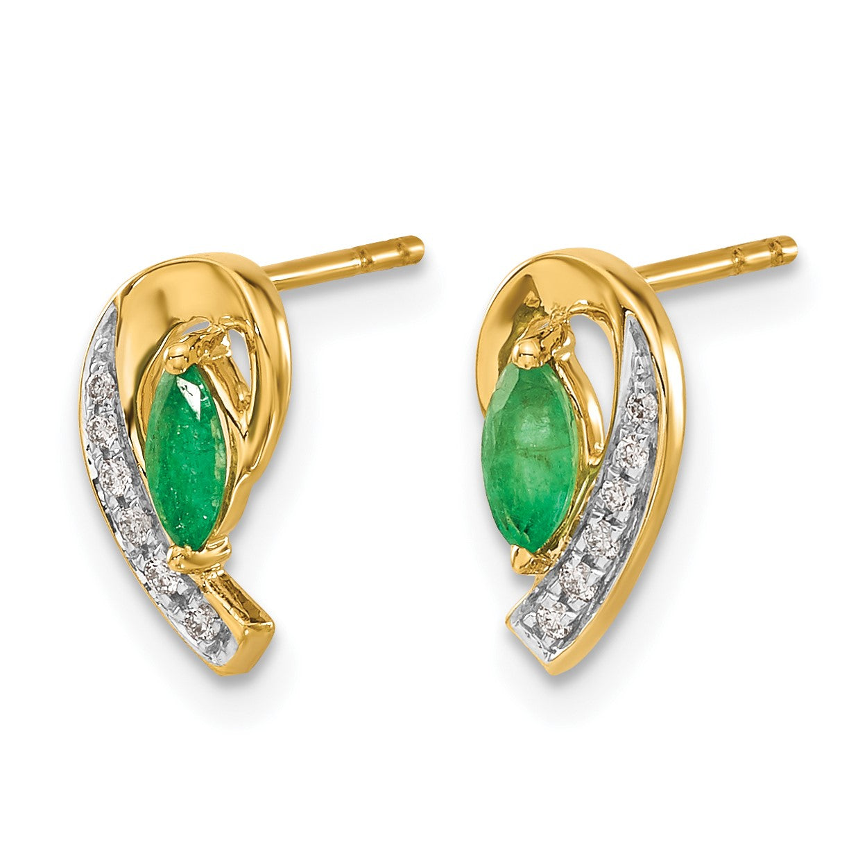 14k 5x2.5mm Marquise Emerald and Diamond Curved Post Earrings