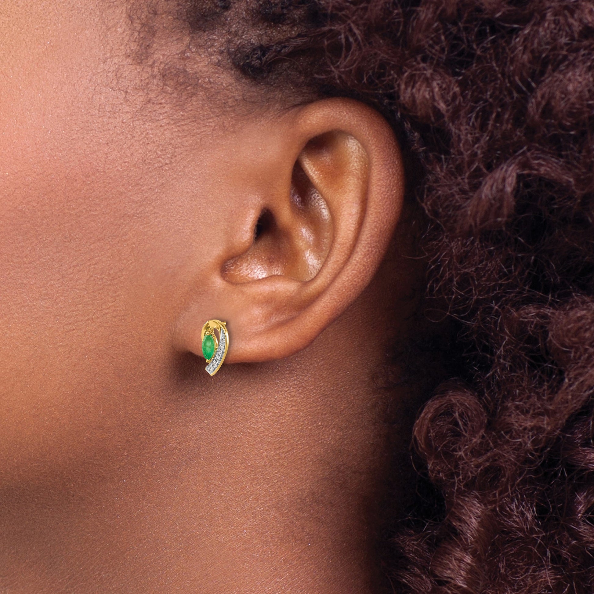14k 5x2.5mm Marquise Emerald and Diamond Curved Post Earrings