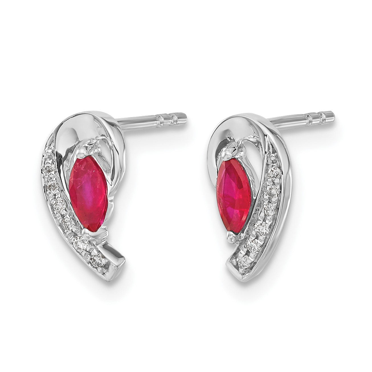 14k White Gold 5x2.5mm Marquise Ruby and Diamond Curved Post Earrings