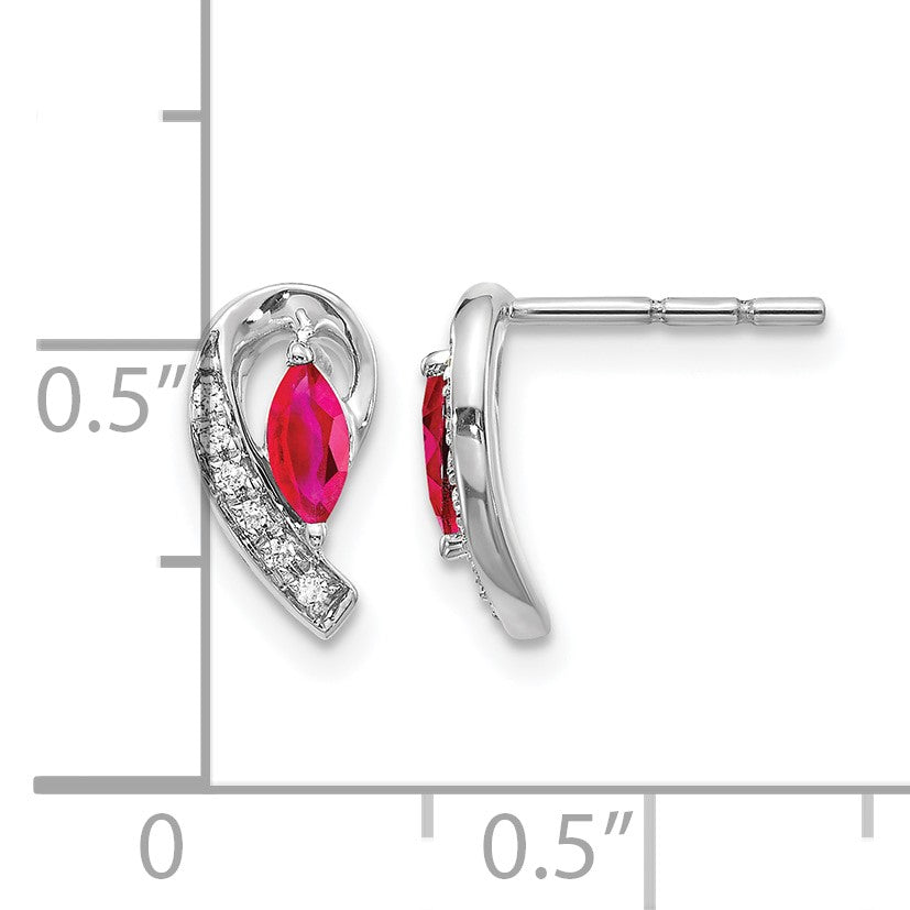 14k White Gold 5x2.5mm Marquise Ruby and Diamond Curved Post Earrings