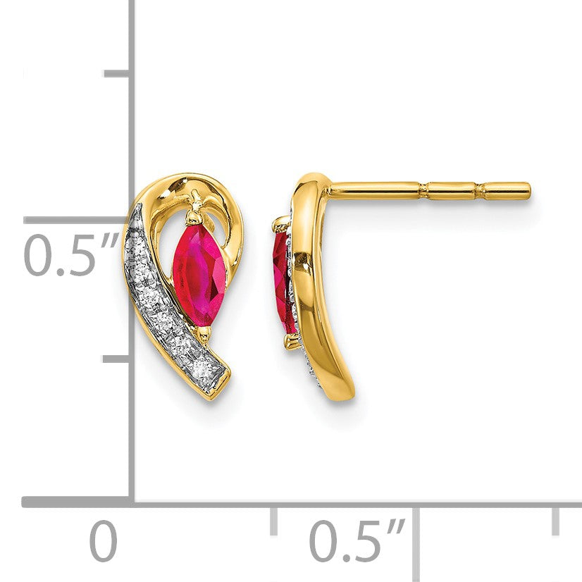 14k 5x2.5mm Marquise Ruby and Diamond Curved Post Earrings