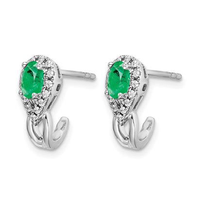 14k White Gold 5x3mm Oval Emerald and Diamond J-Hoop Post Earrings