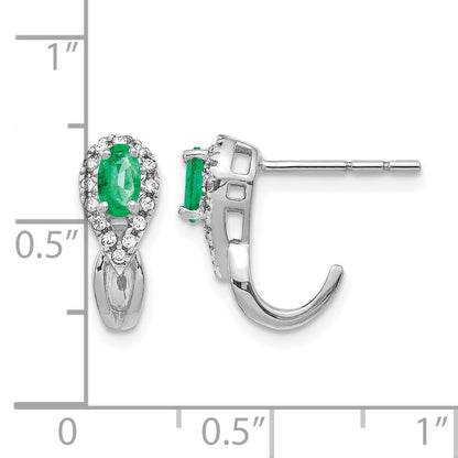 14k White Gold 5x3mm Oval Emerald and Diamond J-Hoop Post Earrings