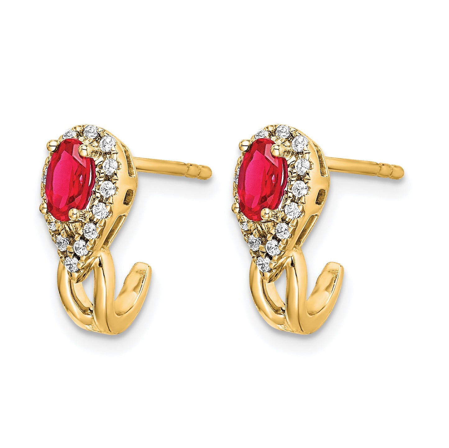 14k 5x3mm Oval Ruby and Diamond J-Hoop Post Earrings