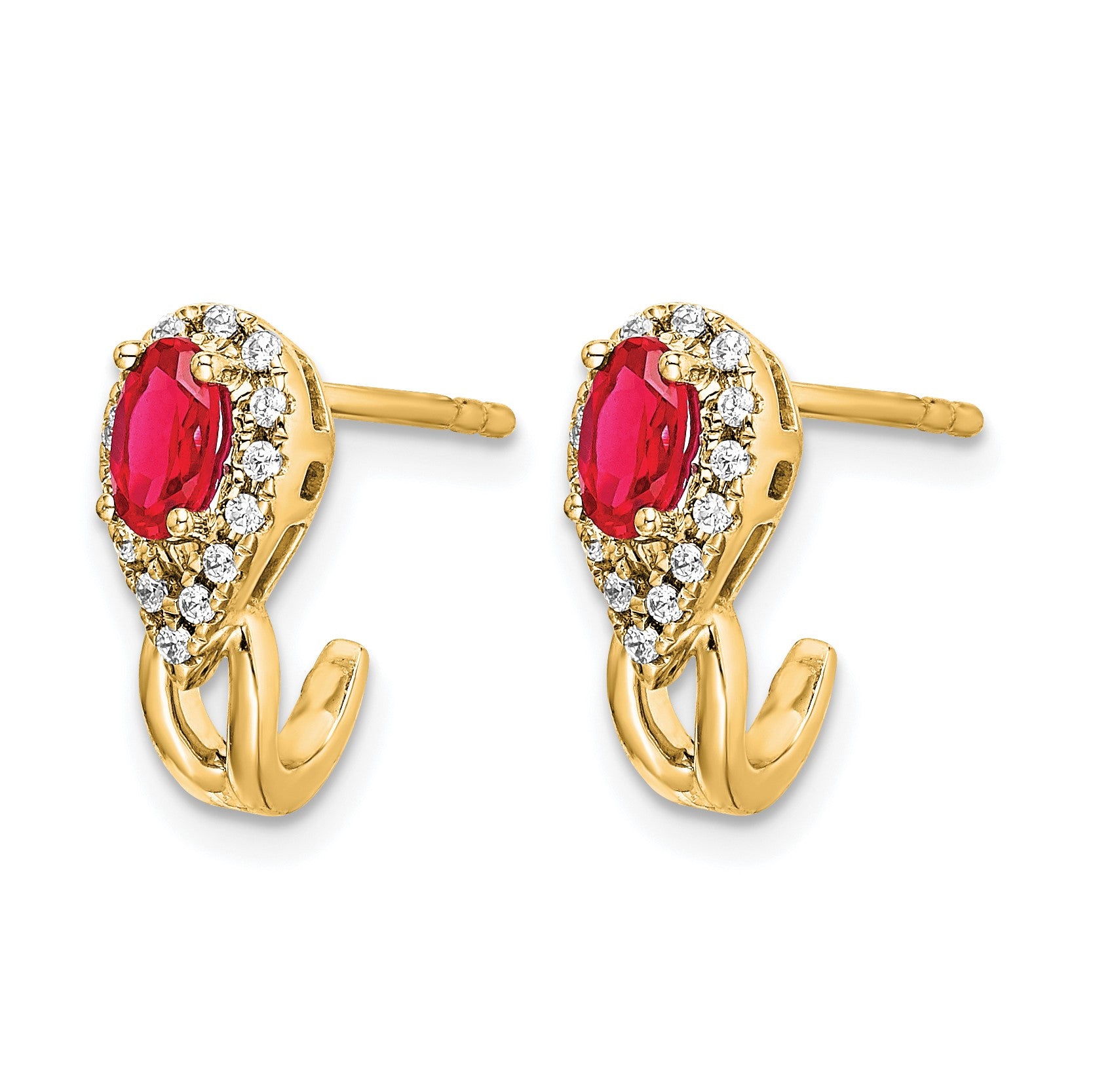 14k 5x3mm Oval Ruby and Diamond J-Hoop Post Earrings