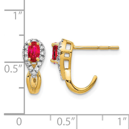 14k 5x3mm Oval Ruby and Diamond J-Hoop Post Earrings